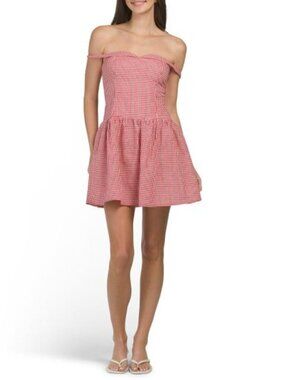 JL LUXE LABEL Linen Blend Off The Shoulder Gingham Mini Dress